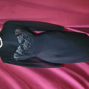 Chic Black Chiffon Long Sleeve Dress with Embellishments.